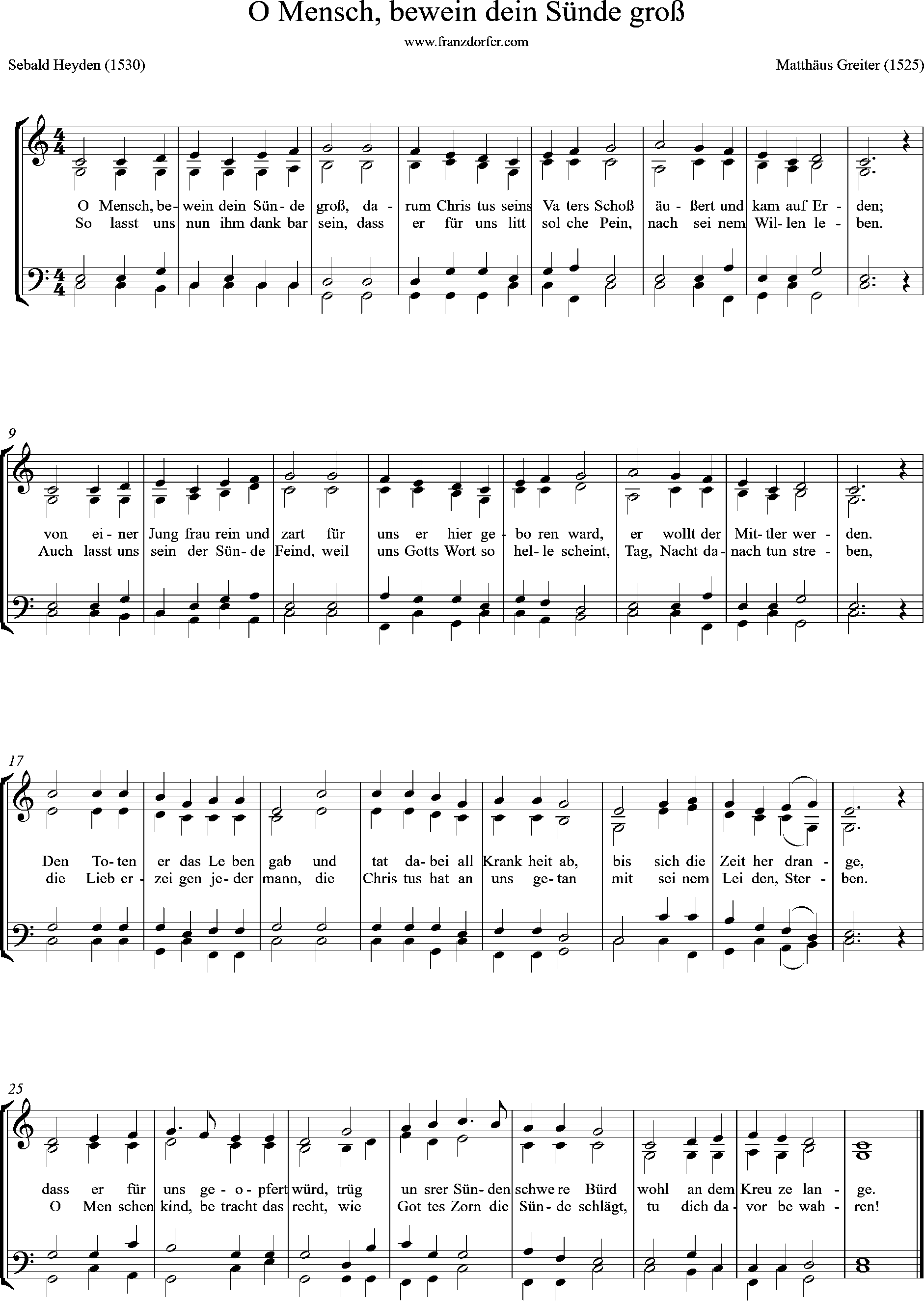 4stimmiger Chorsatz, Orgelnoten, O Mensch bewein dein Sünde groß